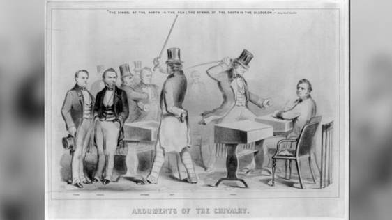 Một nghệ sĩ ti hiện cuộc tấn cng ngy 22/5/1856 v cảnh Hạ nghị sĩ Preston S. Brooks của Nam Carolina đnh đập nghim trọng Thượng nghị sĩ Massachusetts Charles Sumner.