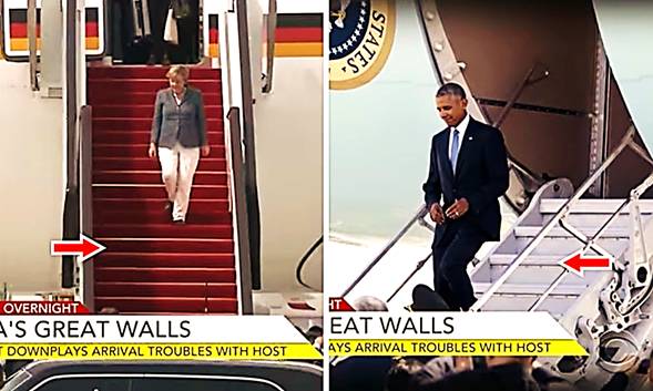 'Sự cố ngoại giao' thể hiện thi độ coi thường của Trung Quốc đối với tổng thống Obama trong chuyển thăm Trung Quốc vo năm 2016. Để so snh, Thủ tướng Angela Merkel đi trn thảm đỏ (tri), ng Obama đi lối cửa sau của my bay bằng thang thường (phải).