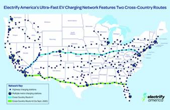Dải mu xanh lam nhạt l sự kết nối của cc trạm sạc dọc tuyến đường xuyn nước Mỹ đ được hon thiện, v dải mu xanh l dự kiến hon thiện vo thng 9. Ảnh: Electrify America